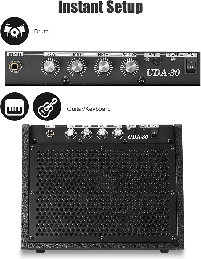 Electric Drum Amplifier 30W Wireless Drum Speaker with 3-Band EQ, Portable E Drum Amp for Electronic Drum Set, Guitar & Keyboard, Compact Practice Amp for Home Studio