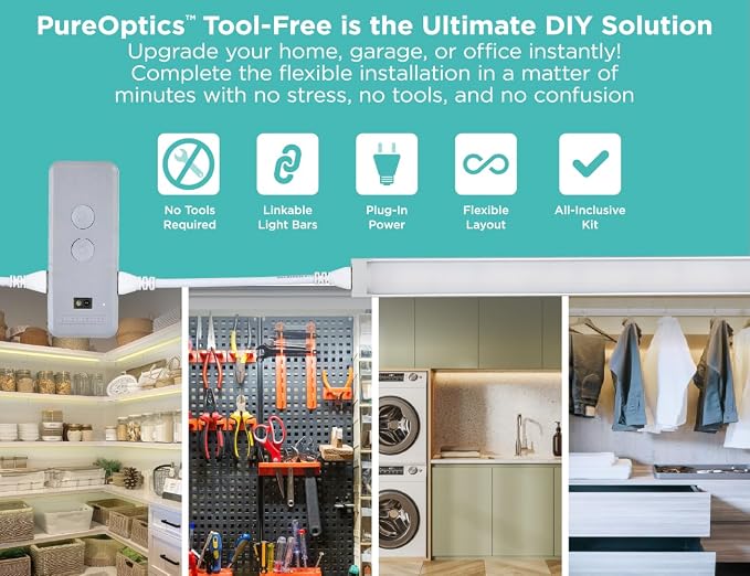 PureOptics LED Under Cabinet Light Kit, Motion Sensor, Dimmable, Linkable, 3 Color Settings, Tool-Free, Utility Light, Closets, Garage, Pantry, (1) 24" Bars
