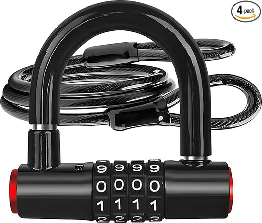 Security Cable Lock Set (4 Digital Combination U-Lock & 4 ft x 1/2" Flexible Steel Sealed Looped Ends Cable),Heavy Duty Anti-Theft U Lock with Steel Security Chain for Bikes, Outdoor Equipment