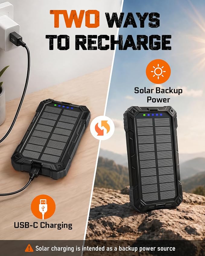 Solar Charger Power Bank - 49800mAh Solar Phone Charger with USB-C in/Output, QC 3.0 Fast Charging with LED Flashlight, Built-in 4 Cables, IP65 Waterproof Fits for Outdoor (Black)