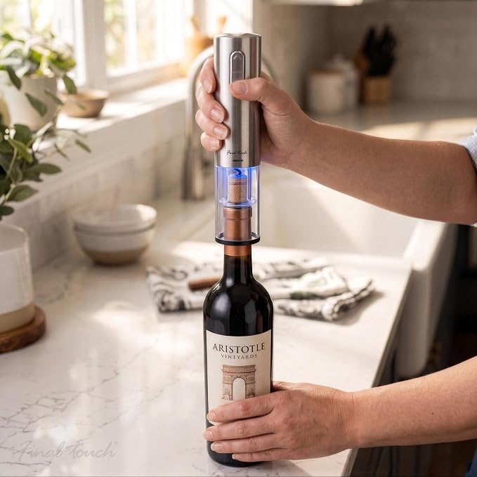 Final Touch Electric Corkscrew with Lithium-Ion Battery | Easy Cork Removal, USB Charging, LED Lights | Stainless Steel Wine Opener for Home and Parties (WO3032)