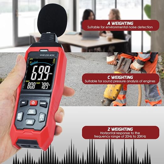 Decibel Meter Data Logger Large LCD Sound Level Meter Noise Meter A/C/Z Weighting High Accuracy Sound Meter with Audible Visual Alarm Data Recording Fast/Slow Temperature for Classroom Noisy Neighbor