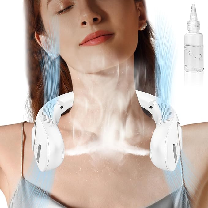 Portable Neck Fans with Mist, Rechargeable 4-9H Lasting Neck Cooling that Blow Cold Air, 5 Speeds & LED display, USB-C Bladeless Folding Personal Mister for Kid Adult Indoor Outdoors Sports, White