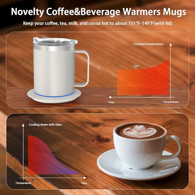 Coffee Warmer with Mug Set, Self Heating Coffee Cup, USB Powered Heated Mug Maintains 131°F, for Office & Home (Off White-12oz)