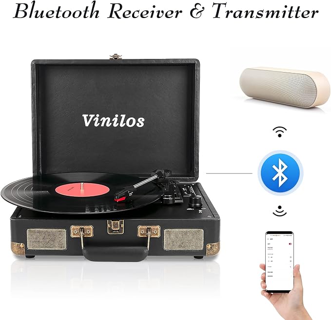 Vinyl Record Player with Bluetooth and Built-in Speakers, 3-Speed Portable Turntable for Vinyl Records, Retro Suitcase Design, USB Recording, Includes Extra Stylus, Ideal for Beginners(Black)-Vinilos