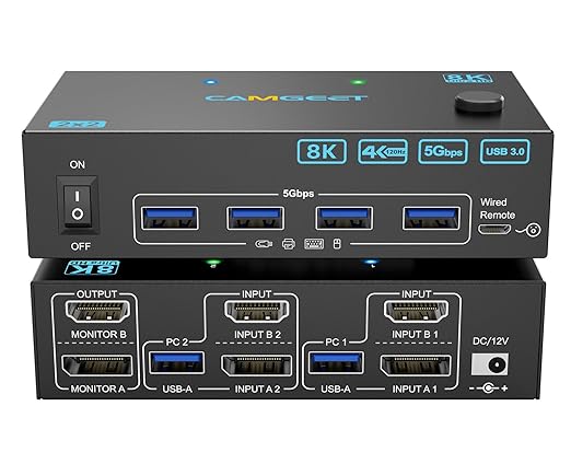 4K@144Hz KVM Switch 2 Monitors 2 Computers Displayport HDMI, USB3.0 Dual Monitor KVM Switch for 2 Computers Share 2 Monitors and 4 USB Peripherals,Wired Remote 12V Adapter and 2 USB Cable