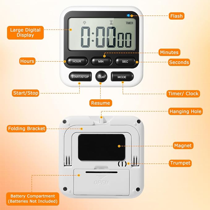 12 Pcs Silent Flashing & Loud Alarm Digital Timer, Magnetic Count Up/Down Timer with Large LCD Display for Cooking Baking Teaching