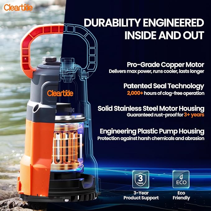 Cleartide Submersible Utility Water Pump, 2160 GPH Portable Sump Pump with Copper Motor, Plug and Work for Pond, Garden Watering, Pool Transfer, or Hot Tub Emptying