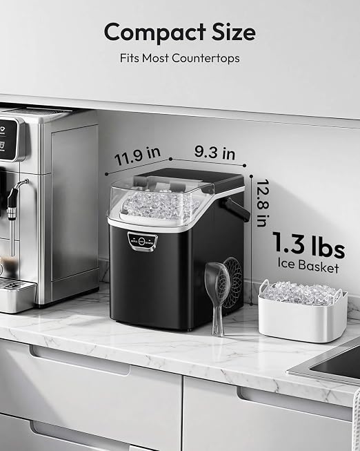 EUHOMY Nugget Ice Maker Countertop with Handle, Ready in 4 Mins, Max 40lbs/24H, Chewable Ice, Self-Cleaning, Portable Sonic Ice Maker with Basket and Scoop, for Home/Party/RV/Camping (Black)