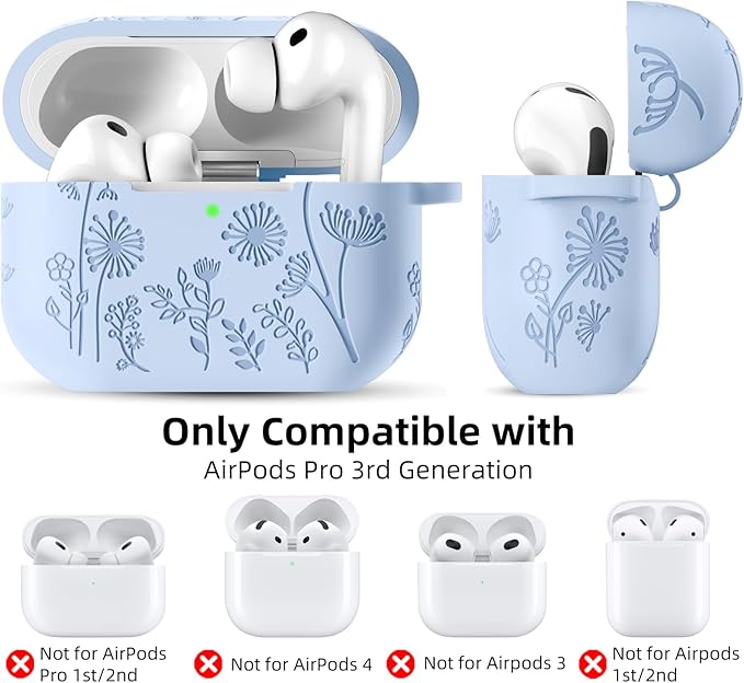Lerobo for AirPods Pro 3 Case 2025 with Cleaner Kit, Flower Engraved Silicone Cover Compatible with Apple AirPods Pro 3rd Generation Case for Women with Keychain,Full Body Protection,Led Visible,Lilac