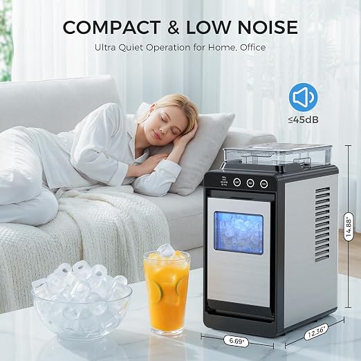 COWSAR Ice Maker Countertop, Portable Ice Machine with External Water Tank, 8 Cubes in 6 Mins, 26 lbs/24Hrs, Self-Cleaning Quiet Compact Commercial Ice Makers for Home, RV, Camping， Black and Silver