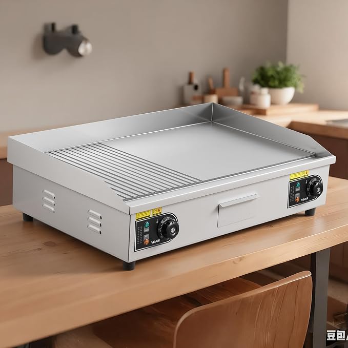 VEVOR Commercial Electric Griddle, 28.54 x 15.75 in, 2800W, 122-570°F Adjustable Temp Control, Stainless Steel, Half Grooved Half Flat, with 2 Spatulas, 2 Brushes, and 4 Foot Pads, for Steak(NO PLUG)