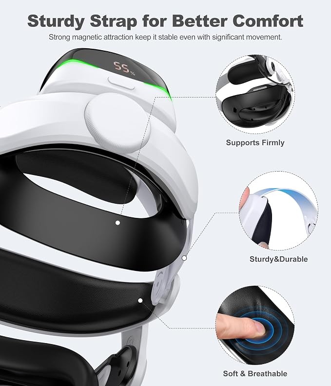 Battery Head Strap for Meta Quest 3/3S/2 with Magnetic, Detachable & Hot-Swappable 6700mAh×2 Batteries and Charging Dock, Extends 4–6H Playtime, Comfortable VR Headset Strap - MQ4002