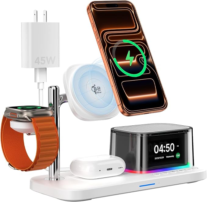 Alarm Clock with Wireless Charging,7 in 1 Charging Station with Night Light,Bluetooth Speakers,Qi2.2 25W Magnetic Charger for iPhone 17 16 15 14 13 12 Pro Max Plus Apple Watch Airpods,Bedroom