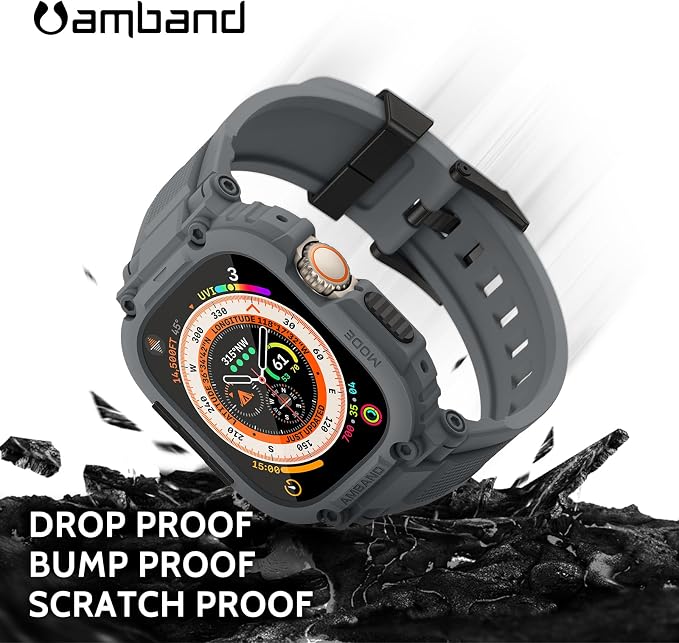amBand Bands Case Screen Protector Compatible with Apple Watch Ultra 3/2/1 49mm, M1 Sport Series Rugged Cover Strap and 9H Tempered Glass Film, Protective Bumper for iWatch 49 mm Men Gray