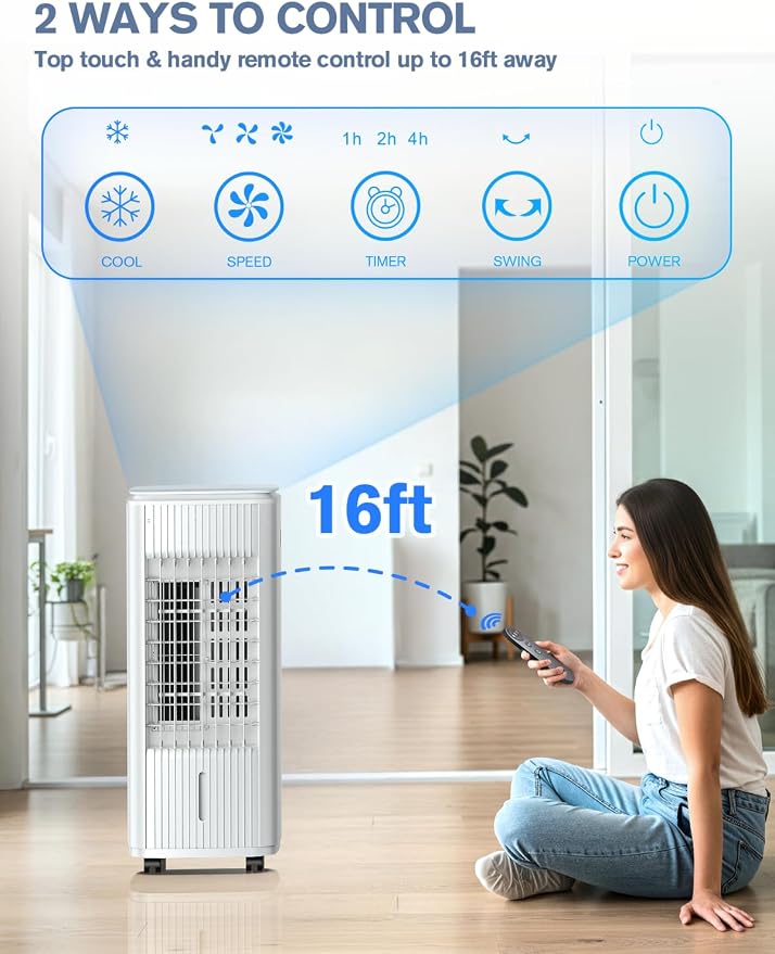 Portable Air Conditioners, 3-IN-1 Evaporative Air Cooler w/ 4 Ice Packs, 3L Water Tank for Cooing, 7H Timer for Auto-Off, Swamp Coolers with 70° Oscillation, White-9