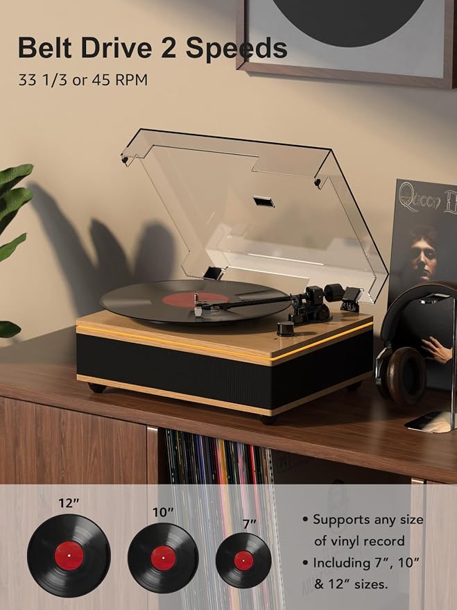 Vinyl Record Player Bluetooth Turntable with Built in Speakers High Fidelity Belt Drive 2-Speed Turntables with Magnetic Cartridge AT-3600L Record Players with Light Strip, Support RCA Output, Walnut