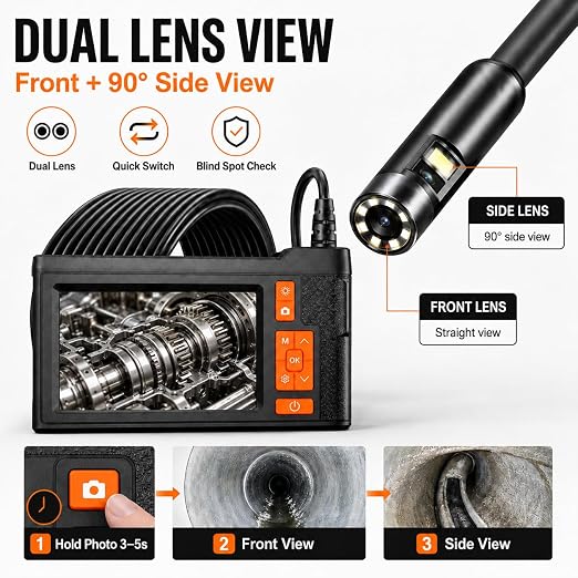Dual Lens Borescope with 32GB Card, 4.3" Endoscope Camera with Light Support Free 1920*1080P Photo/Video, 16.4FT Semi-Rigid Inspection Snake Camera with IP67 Waterproof for Automotive, Engine & HVAC