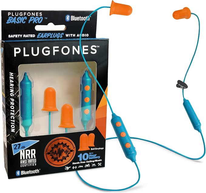Plugfones Basic Pro Bluetooth Earplug Headphones for Work, 27dB NRR Replaceable Foam Earplugs, OSHA Compliant Hearing Protection, Wireless Safety Earbuds with Noise-Isolating Mic (Blue & Orange)