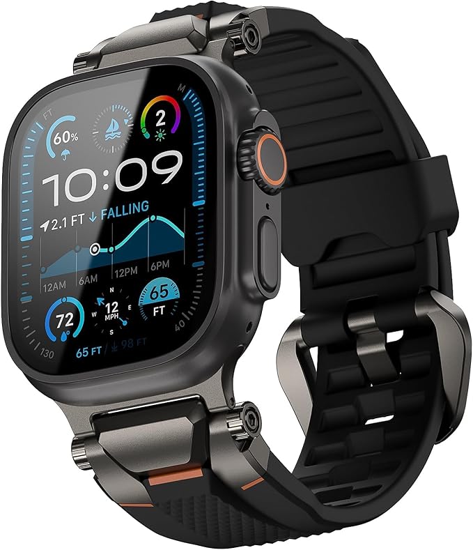 ULTIMAL Rugged Band for Apple Watch Ultra 3/2/1 49mm, Series 11/10/9/8/7/6/5/4 SE 46mm/45mm/44mm, Waterproof, Soft TPU Strap with Stainless Steel Buckle & Connectors, Sweat-Resistant, Easy to Clean, Fits 155-225mm Wrist (Black/Gray)