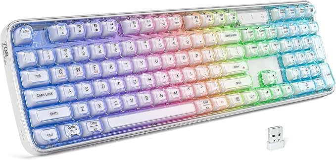 GEEZER Computer Backlit Keyboard White Crystal - Full-Size Bluetooth Wireless Rechargeable Transparent Keycap Portable Keyboards Compatible with Windows, Laptop, PC, Desktop