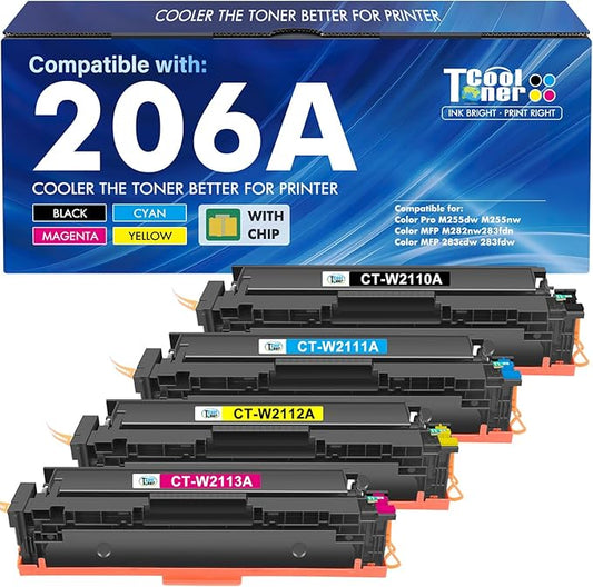 206A Toner Cartridges 4 Pack M283fdw M283cdw Set Compatible for HP 206A 206X 206 Color LaserJet Pro MFP M255dw M283 M255 M255nw Printer High Yield Ink (with Chip) (Black Cyan Yellow Magenta)