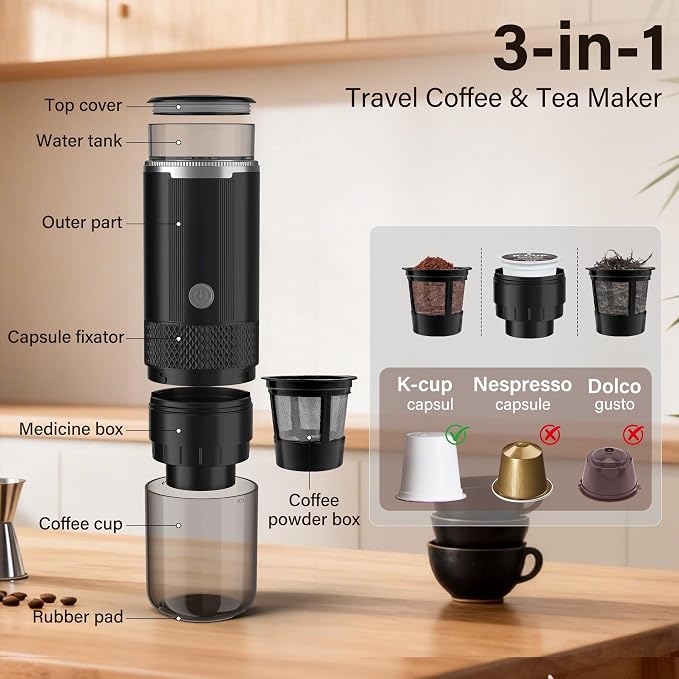 Portable Travel Coffee Maker, 3-in-1 Camping Coffee Machine with USB-C for Travel Car,Cordless Battery Powered,Rechargable,Compatible with Ground Coffee,Capsules,Tea, 6OZ Cup,Black,170ml
