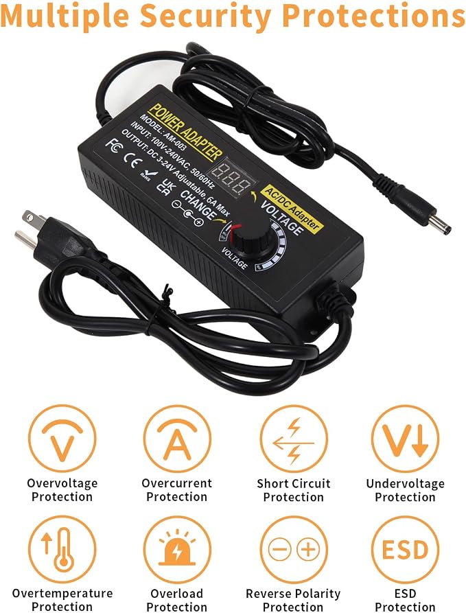 3~24V 6A Adjustable Universal Power Supply Adapter 144W AOYADAISU DC Power Supply with Polarity Converter&14 Tips, 3V 5V 6V 9V 12V 15V 18V 19V 20V 24V 100V-240V AC to DC Converter for LED Strip Light