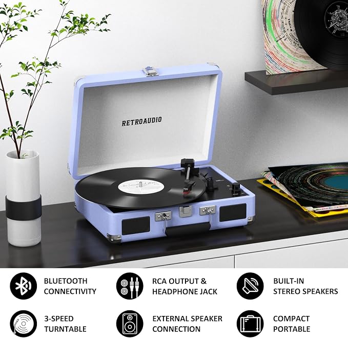 Vinyl Record Player 3 Speed Bluetooth Portable Suitcase Belt-Driven Record Player with 2 Built-in Stereo Speakers Vinyl Vintage Turntable Records Player with RCA Line Out, AUX Out (Purple)