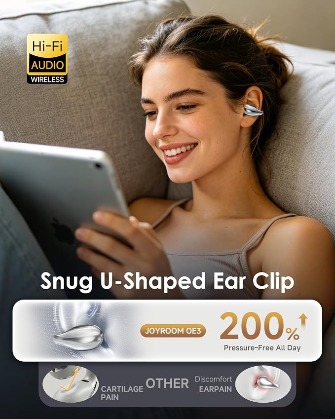King Lucky Clip-On Earbuds,Comfort Air Cushion Open Ear Earbuds Wireless Bluetooth 6.0 Multipoint, Open Ear Headphones with Mic,Anti-Mistouch,45H Playtime for Sports,Small Ears&Sleep (Silver)