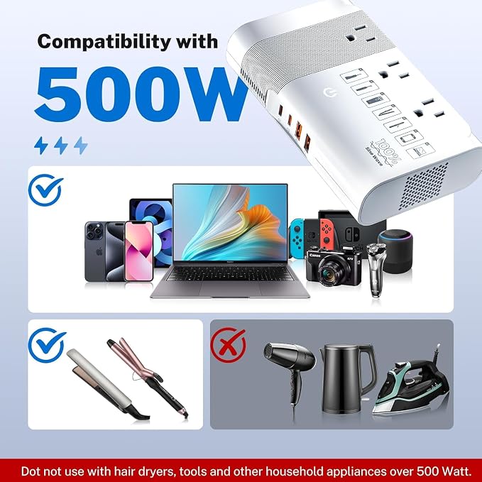 DOACE 500W Travel Adapter Voltage Converter, 220V to 110V Pure Sine Wave Step-Down Transformer for Europe UK AU Travel, for Hair Straighteners, Cameras & Devices