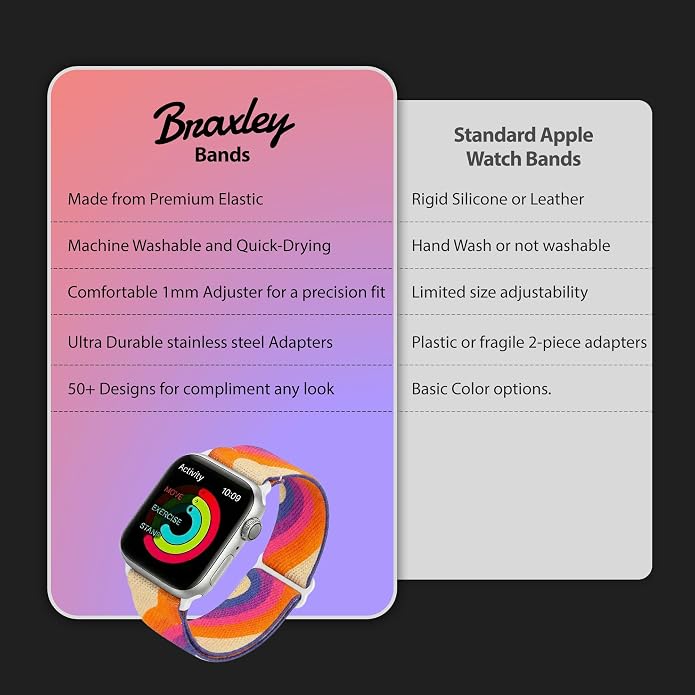 Braxley Bands for Apple Watches - Stretchy and Washable - Adjustable with Apple Watch Bands for Women & Men - Compatible with Apple Watch Series SE Ultra 9 8 7 6 5 4 3 2 1