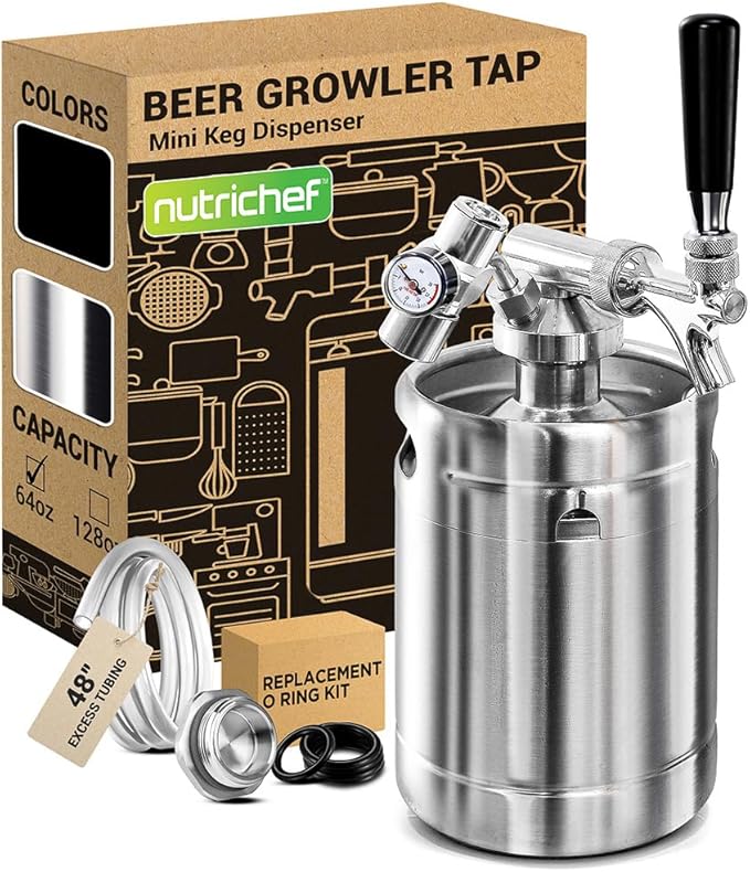 NutriChef Pressurized Growler Tap System, 64oz Stainless Steel Mini Keg Dispenser Portable Kegerator Kit, Co2 Pressure Regulator Keeps Carbonation for Craft Beer, Draft and Homebrew