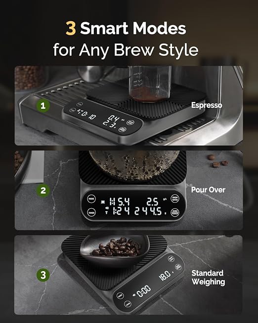 Maestri House S3 Coffee Scale with Timer, 3kg/0.1g Rechargeable Pour Over Coffee Scale, 3 Brew Modes, Adjustable Brew Ratios & Flow Rate Display, Scale for Pour Over, Espresso & French Press-Grey