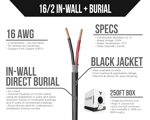 Voltive 16/2 Speaker Wire, in-Wall CL3 & Direct Burial, Black, 250ft - 16AWG, 2 Conductors, Stranded Oxygen-Free Copper, UL Listed - V-1210-3
