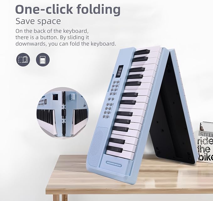 ADM 61 Key Folding Electric Piano Keyboard, Foldable Piano Electronic Keyboard, Wireless 128 Tones, 128 Rhythms Includes Pedal, Gig Bag, Headphones for Beginners, Students, Adults (Blue)