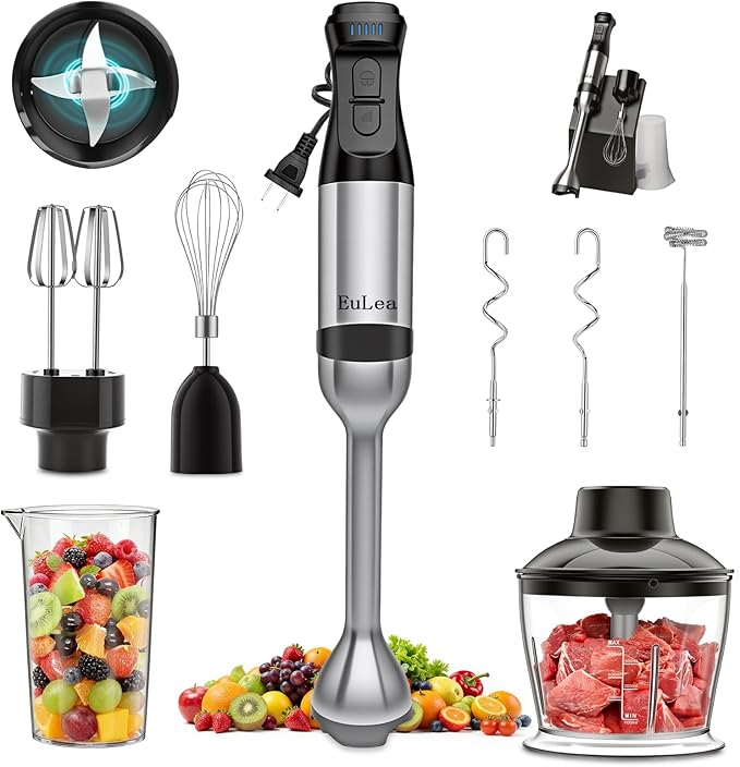8-in-1 Hand Blender 1200W 5-Speed, Immersion Stick Blender Set with Meat Grinder Dough Hooks Whisk Mixing Cup Storage Rack, for Smoothie Soup Puree Food Dough