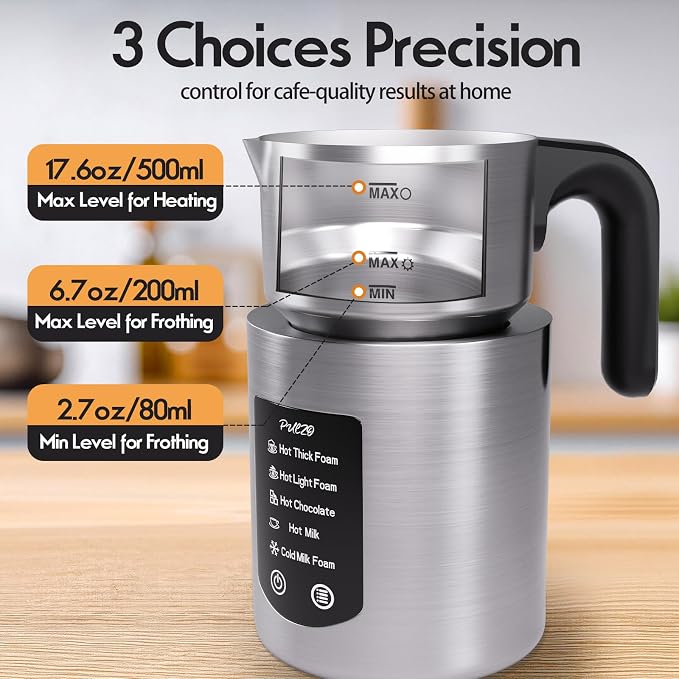 PULZO Milk Frother and Steamer, 5-in-1 Automatic Electric Milk Frothers for Latte, Cappuccino & Coffee, Hot & Cold Foam Maker with 17oz Detachable Stainless Steel Jug, Dishwasher Safe