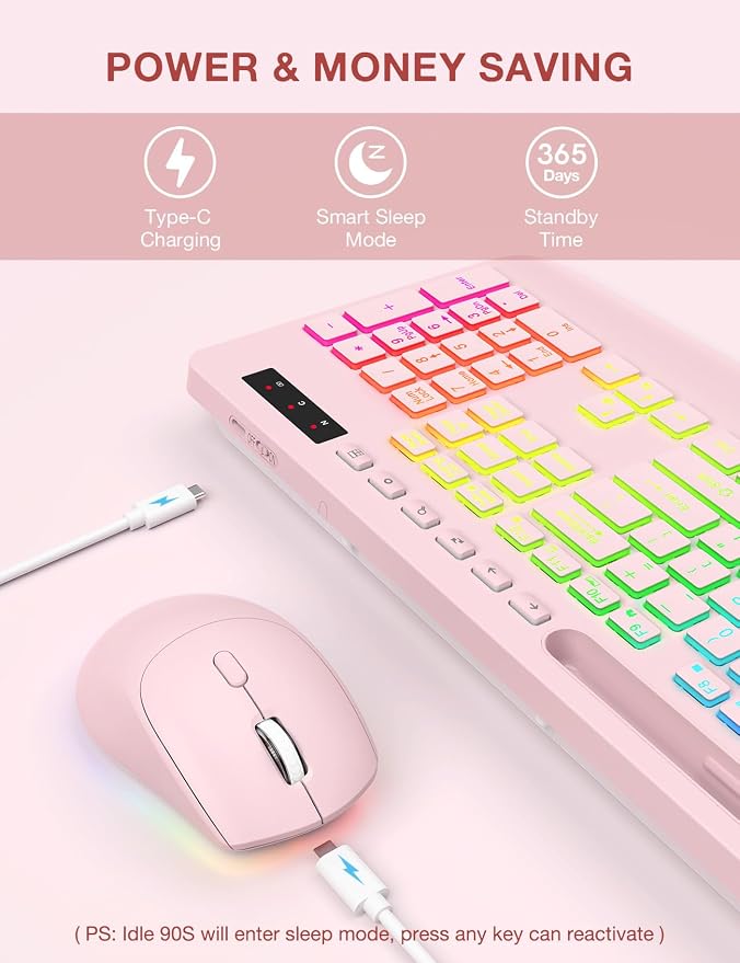 Wireless Keyboard and Mouse Combo, 9 Backlit Effects, Wrist Rest, Phone Holder, 2.4G Lag-Free Ergonomic Keyboards, KM22 MAX Rechargeable Silent Set for Computer, Laptop, Mac, Windows -SABLUTE（Pink）