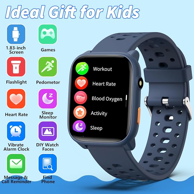 Smart Watch for Kids with 12 Puzzle Games, 1.83" Fitness Tracker Watch Heart Rate Sleep Monitor, Pedometer, Alarm Clock, Flashlight, Gift for 6-12 Year Old Boys Girls