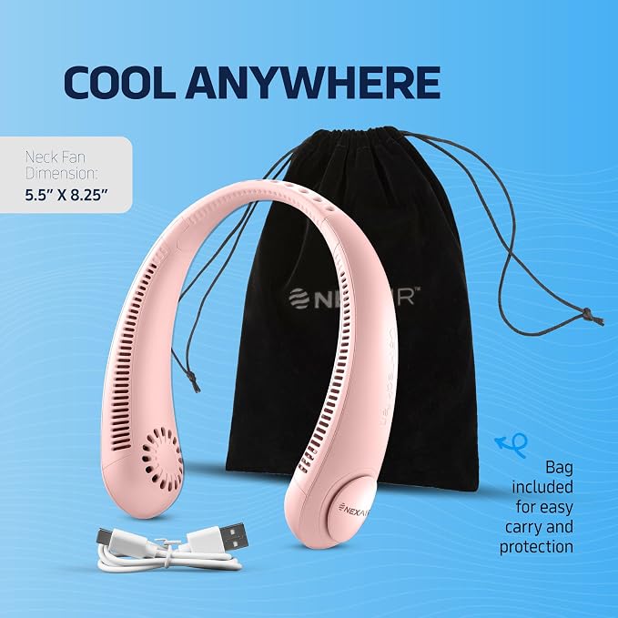 NEXAIR Portable Neck Fan Hands Free Cooling Lightweight Bladeless Neck Fan, 3 Speeds, 2400mAh Battery, 5H Runtime Pink