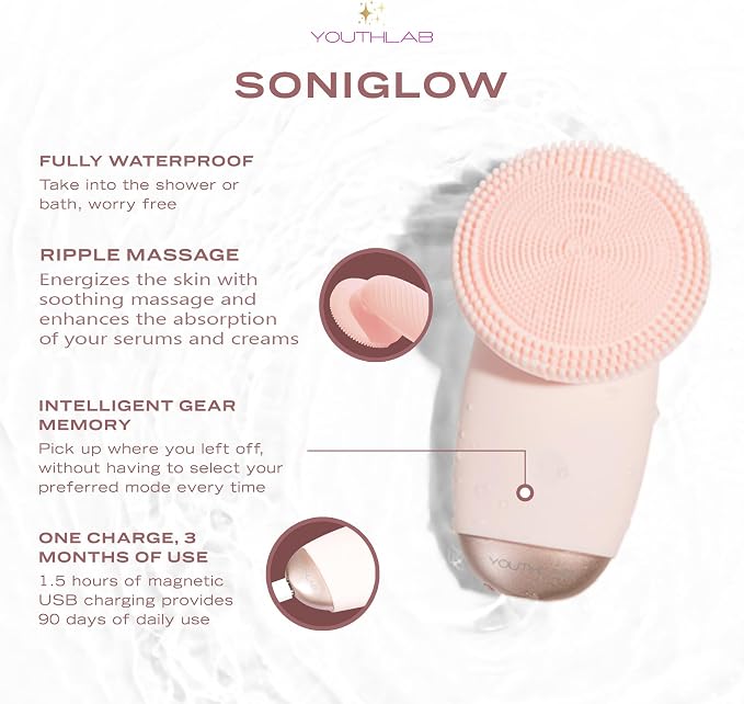 SoniGlow Silicone Face Scrubber/Facial Cleansing Brush – Electric Vibrating Skincare Scrubber Tool for Deep Pore Cleansing, Gentle Massage, Makeup Removal, Waterproof and Rechargeable (Pink)