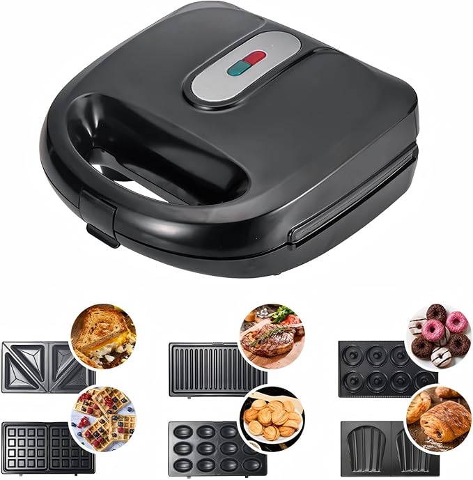 10 in 1 Panini Press Sandwich Maker 750W,Egg Sandwich Maker Panini Press with Removable Non-Stick Paltes,Cool Touch Handle,Easy to Clean,for Making Breakfast,Egg,Mini Waffle,Kitchen Appliances,Black