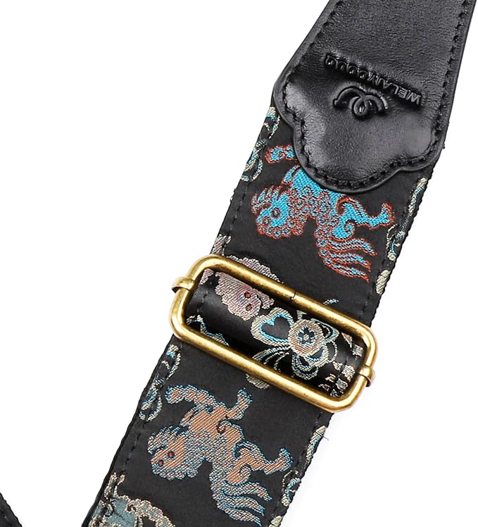 Guitar Strap, Electric& Acoustic bass guitar straps,embroidered filament with Head Cowhide Leather strap, with Free Strap Button,2 guitar Strap Locks，4Guitar Pick (birds and flowers)
