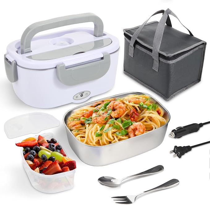 SOHIDA Electric Lunch Box Food Heater, White | 80W, 12V 24V 110V, Portable for Car Truck Work, Removable 304 Stainless Steel Container