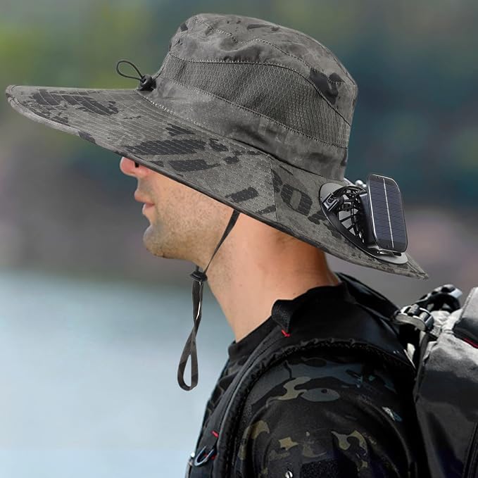 Outdoor Solar Powered Fan Hat for Men Women Breathable Wide Brim Hat with 2 Fans UPF 50+ Fishing Hat Beach Bucket Sun Hat