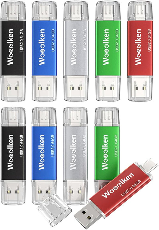 USB C Flash Drive 64GB 10 Pack, Wooolken Type-C Flash Drive + USB 2.0 Thumb Drive OTG Memory Stick Compatible with iPhone 16/15, Android Smartphone/Tablets/Computers