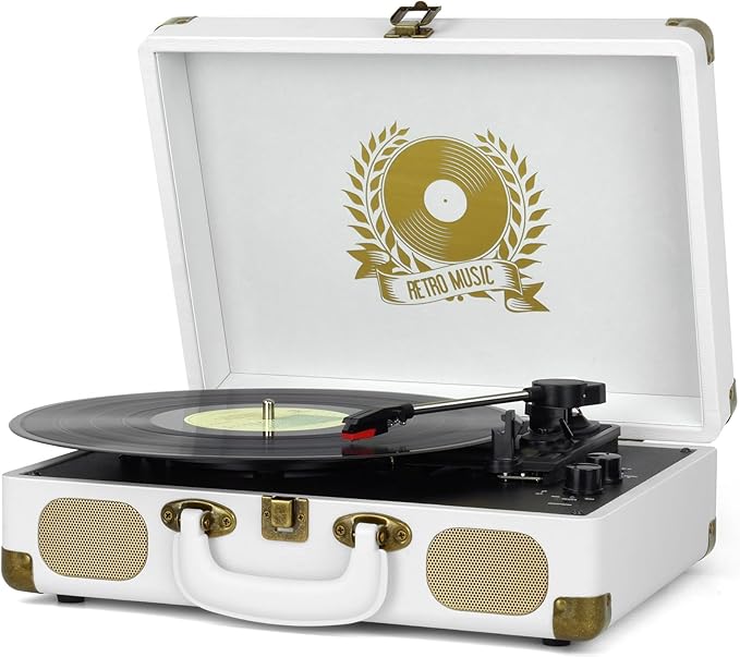 Record Player Bluetooth Turntable 3-Speed Suitcase Portable Vintage Belt-Driven Vinyl Record Player with Built-in Speakers RCA Line Out AUX in Headphone Jack