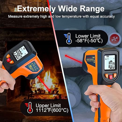 Laser Infrared Thermometer Non-Contact Digital Temperature Gun, -58℉～1112℉(-50℃～600℃) IR Thermometer for Industrial, Kitchen Cooking, Automotive, HVAC (Not for Human Body Temp)
