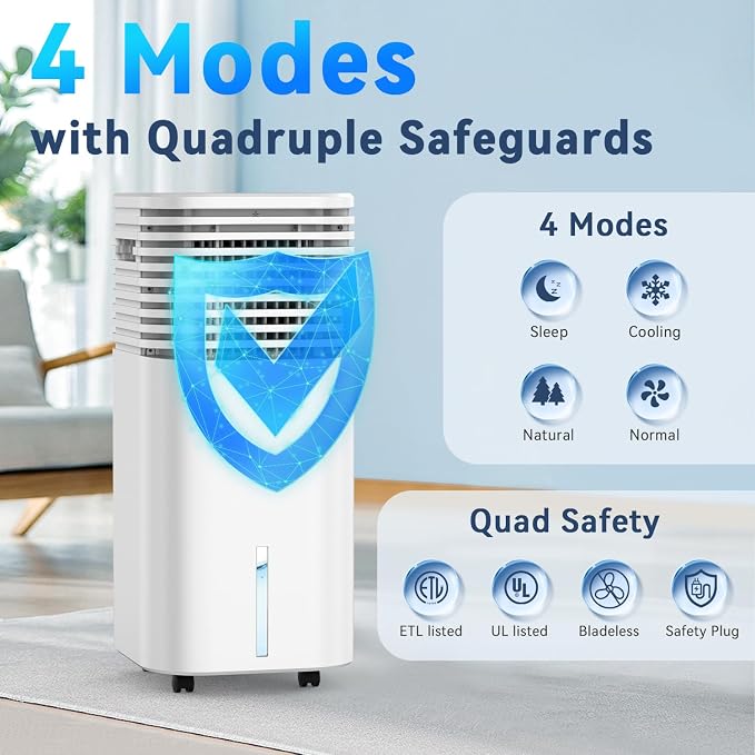Portable Evaporative Cooler with 4 Modes&3 Speeds, 15H Timer, 2Gal Tank for 24H Cooling Swamp Cooler, 4Ice Packs, 1800CFM, 120°Swing, Remote Evaporative Air Cooler for Indoor Bedrooms